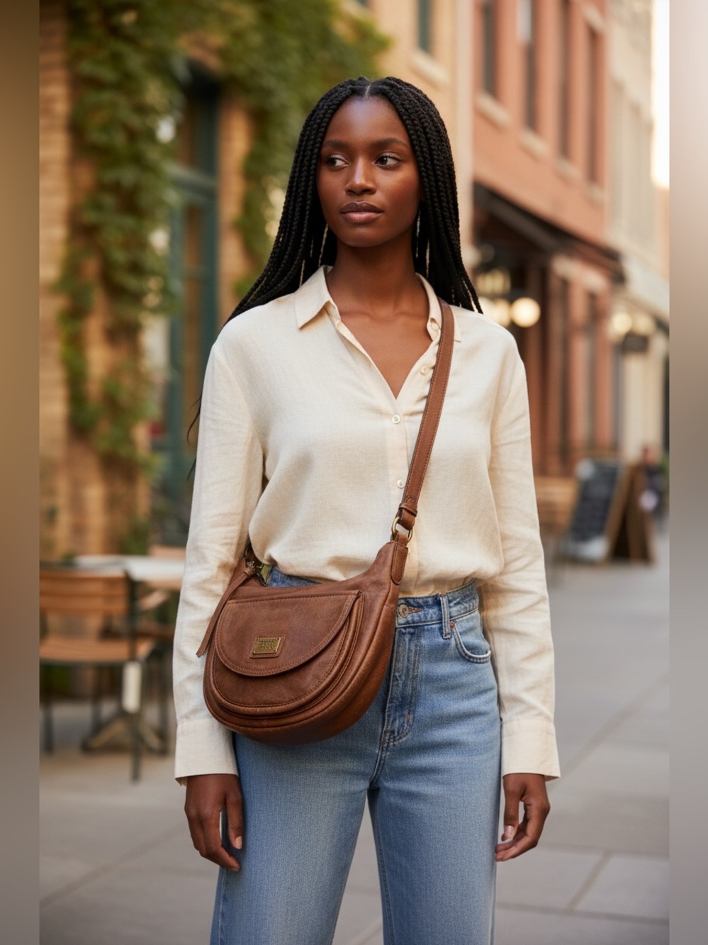 FRYE AND CO Core Saddle Crossbody Bag Brown Cognac Crescent Boho